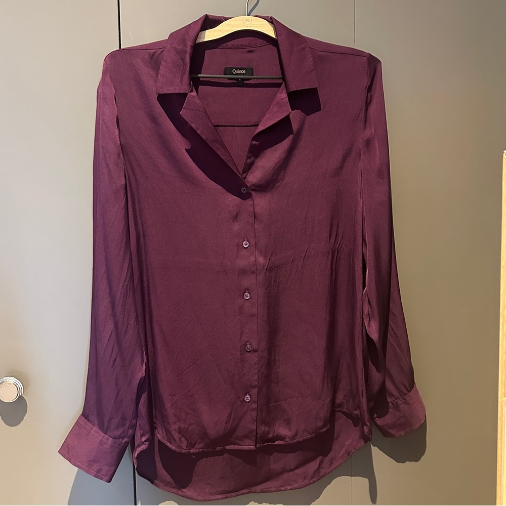 Quince Washable Stretch Silk Notch Collar Blouse in Aubergine Purple, Size Large